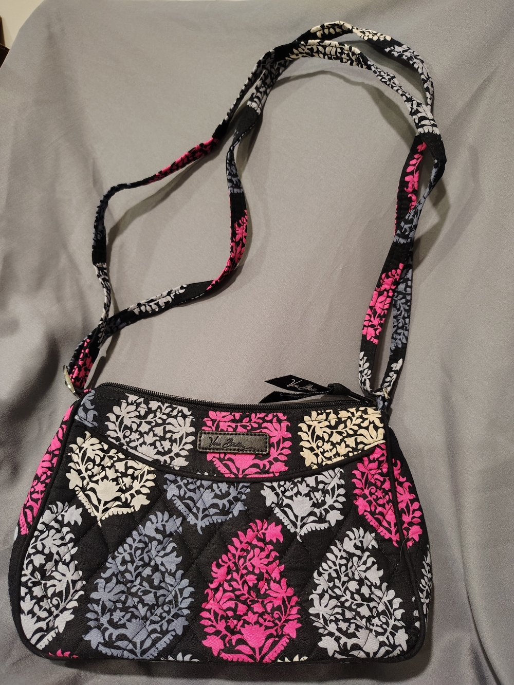 Vera Bradley Black Floral Quilted Crossbody Bag - Pink & Gray Accents